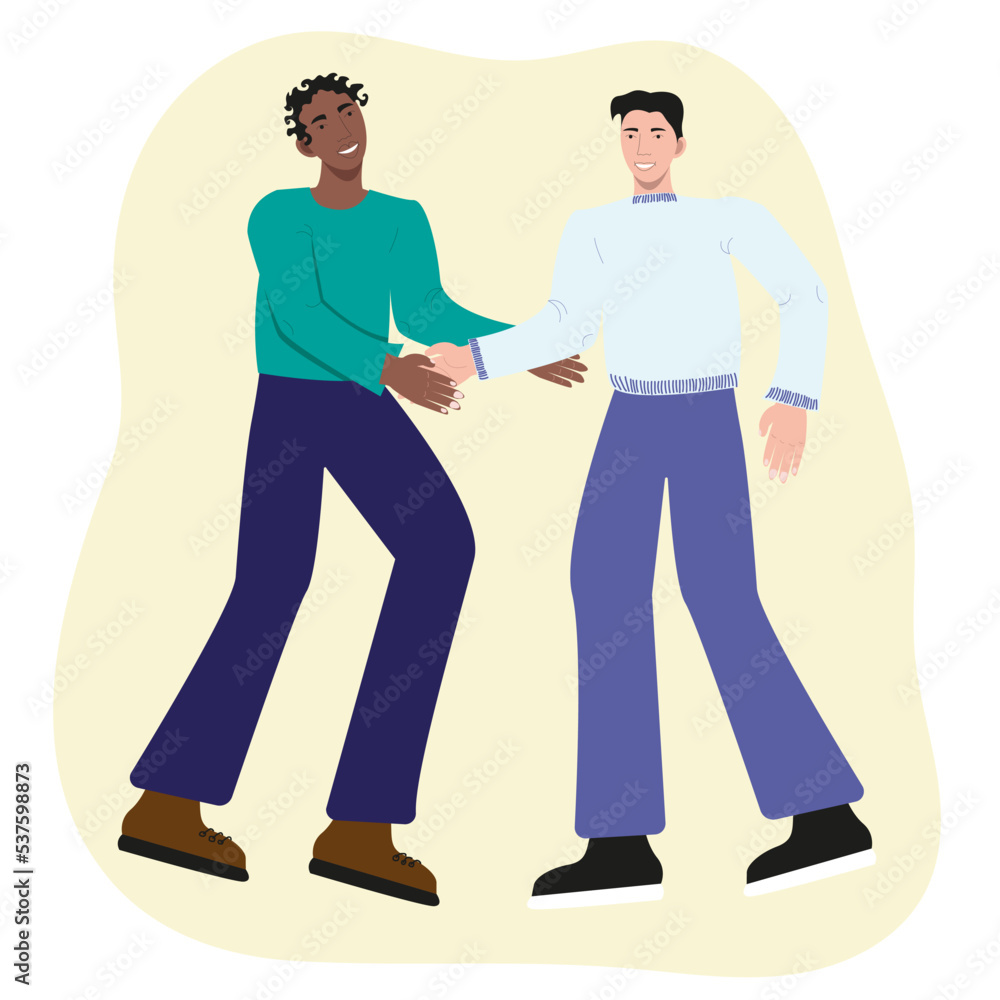 Two guys (a European and an African-American) shake people to each other. People smile, friendship between people