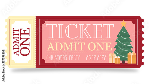 Christmas Ticket. Vector. Christmas tree, gifts.  Red.