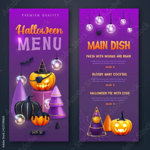 Halloween holiday menu design with realistic 3D halloween pumpkins. Vector illustration