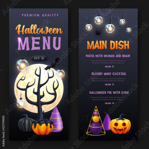 Halloween holiday menu design with realistic 3D halloween pumpkins and full moon. Vector illustration