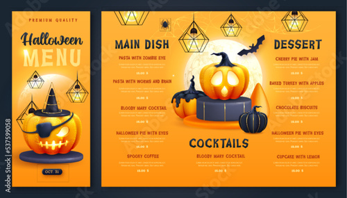 Halloween holiday menu design with realistic 3D halloween pumpkins and full moon. Vector illustration