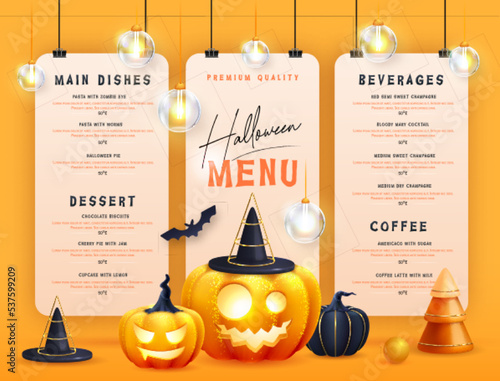 Halloween holiday menu design with realistic 3D halloween pumpkins. Vector illustration
