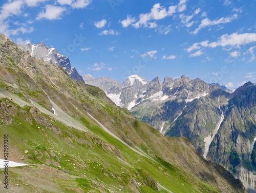 Beautiful view of Great Caucasus mountains close to Mestia in Upper Svaneti, Georgia.