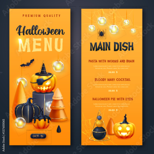 Halloween holiday menu design with realistic 3D halloween pumpkins. Vector illustration