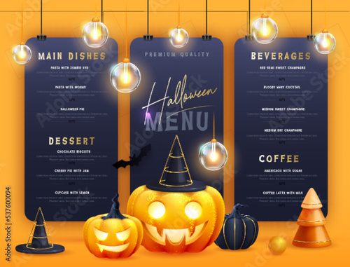 Halloween holiday menu design with realistic 3D halloween pumpkins. Vector illustration