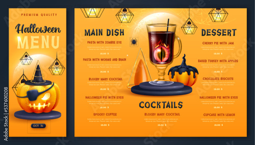 Halloween holiday menu design with realistic 3D halloween pumpkins and cocktail. Vector illustration