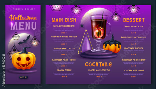 Halloween holiday menu design with realistic 3D halloween pumpkins and cocktail. Vector illustration