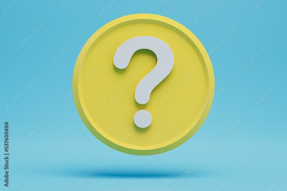 a round yellow icon with a white question mark on a blue background. 3D render a round yellow icon with a white question mark on a blue background. 3D render