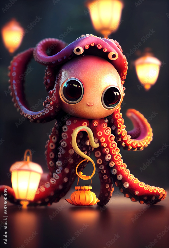 Fototapeta premium Adorable Octopus with lantern. 3D illustration. Cinematic. Modern animation. Squishy. 