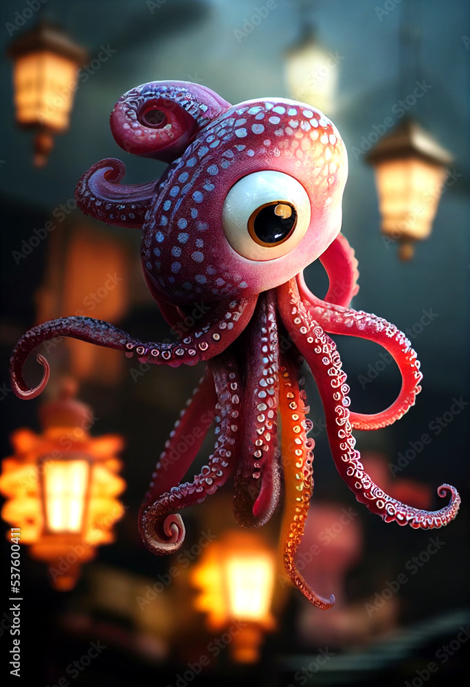 Adorable Octopus with lantern. 3D illustration. Cinematic. Modern animation. Squishy. 