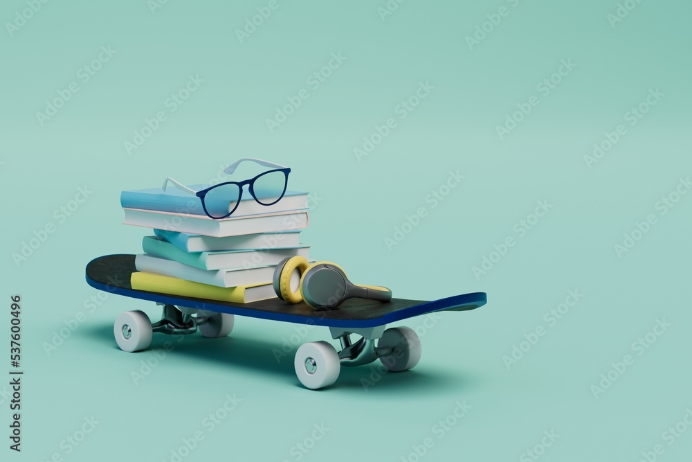 learning concept. books, glasses, headphones and skateboard on a turquoise background. 3D render