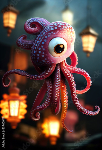 Adorable Octopus with lantern. 3D illustration. Cinematic. Modern animation. Squishy. 