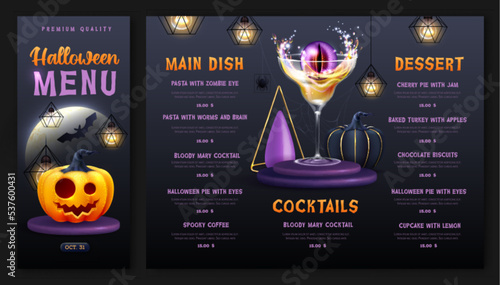 Halloween holiday menu design with realistic 3D halloween pumpkins and cocktail. Vector illustration