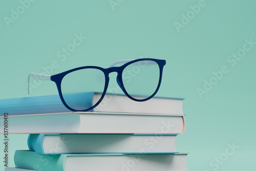 the concept of education and reading books. books with glasses on a turquoise background. 3D render © Igor