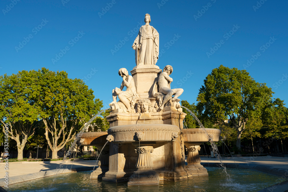 View of famous fountain in the morning, Nimes
