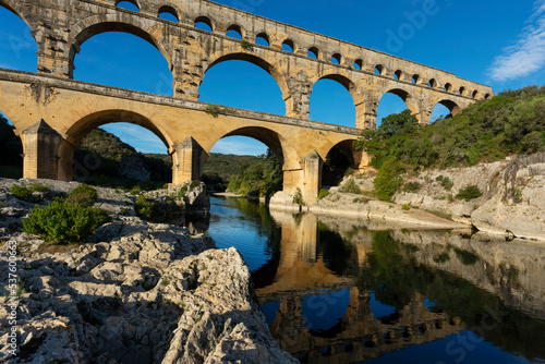 Horizontal view of famous Pont du Gard, old roman aqueduct in France