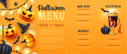Halloween holiday menu design with realistic 3D halloween pumpkins and cocktail. Vector illustration