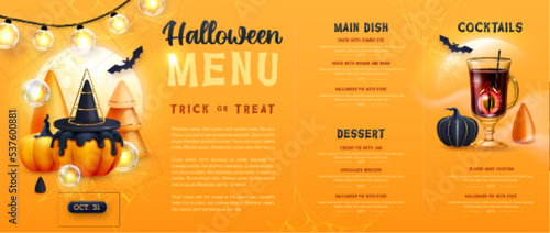 Halloween holiday menu design with realistic 3D halloween pumpkins and cocktail. Vector illustration