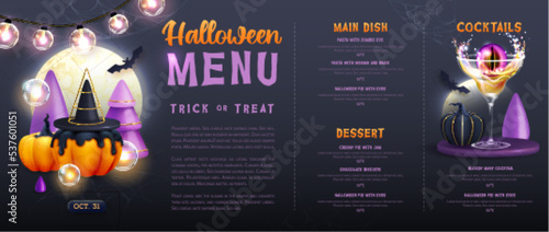 Halloween holiday menu design with realistic 3D halloween pumpkins and cocktail. Vector illustration