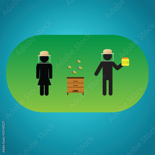 Beekeepers in protective gear standing near a beehive and holding a jar with honey