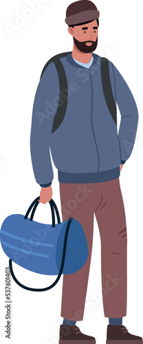 Muslim man with travel bags. Standing migrant character
