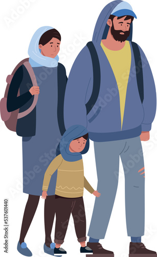 Islamic family walking together. Middle eastern refugees