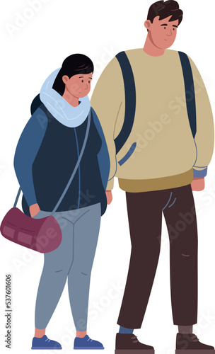 Sad people with travel bags. Illegal immigrants characters