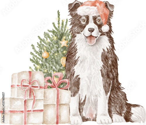 Print op canvas Border collie dog with Christmas tree