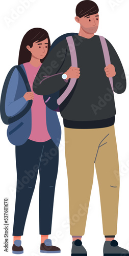 Illegal migrants. Upset young couple with backpacks
