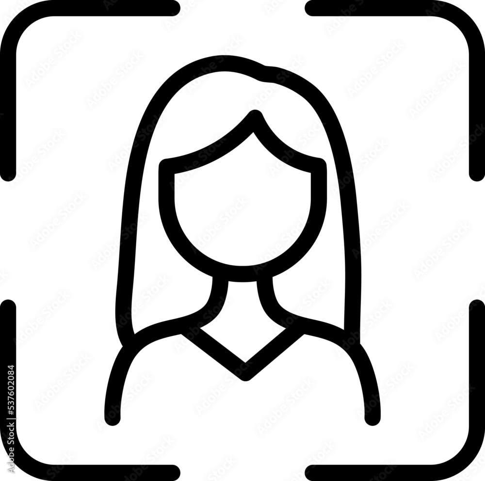 Face woman vector id biometric icon facial recognition for apps and websites. system sign detection symbol scanning process identification of person Face woman vector id biometric icon facial recognition for apps and websites. system sign detection symbol scanning process identification of person