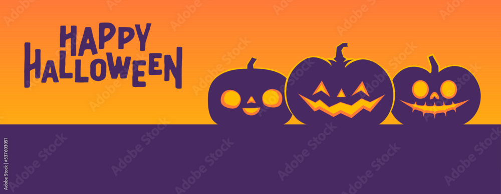 Halloween banner horizontal design with Jack o Lantern carved pumpkins. Simple cartoon spooky design. Trick or treat.