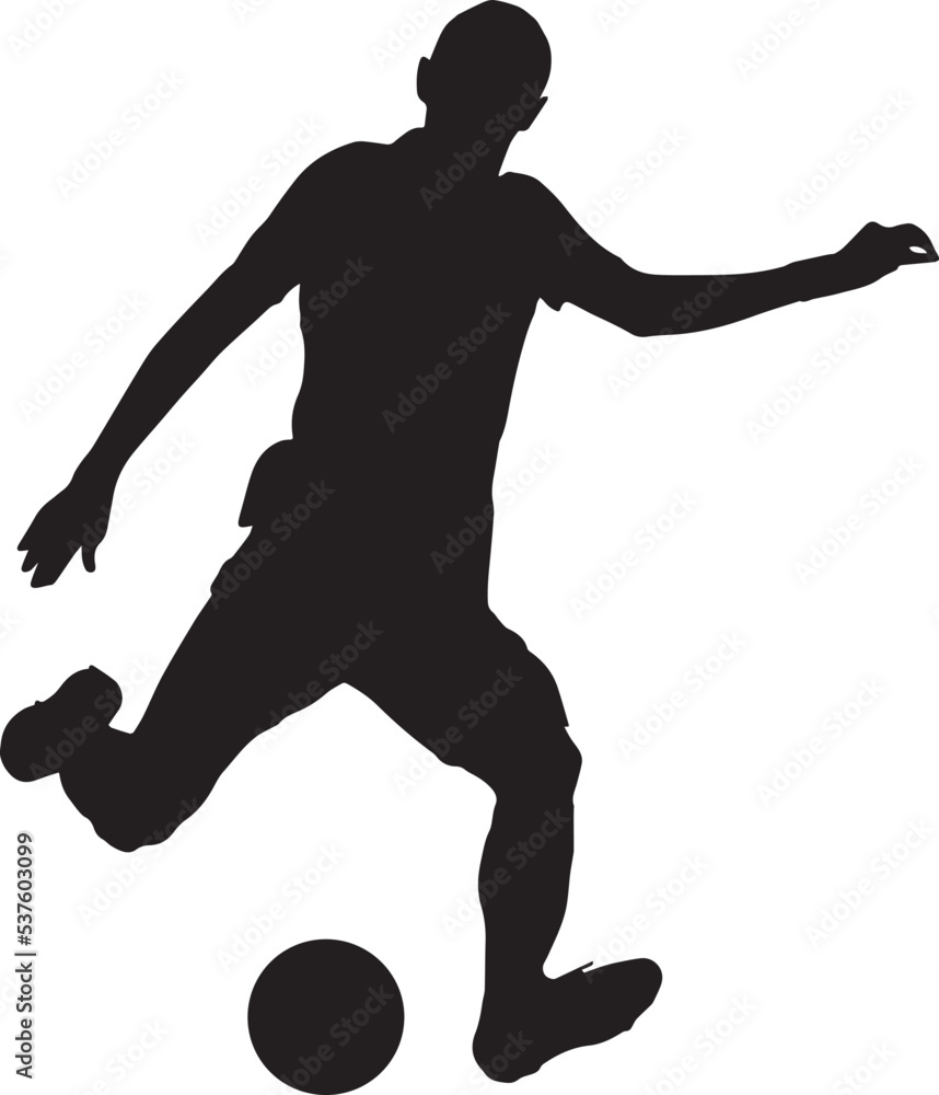 black silhouette of a soccer player with a ball, football sport black silhouette of a soccer player with a ball, football sport