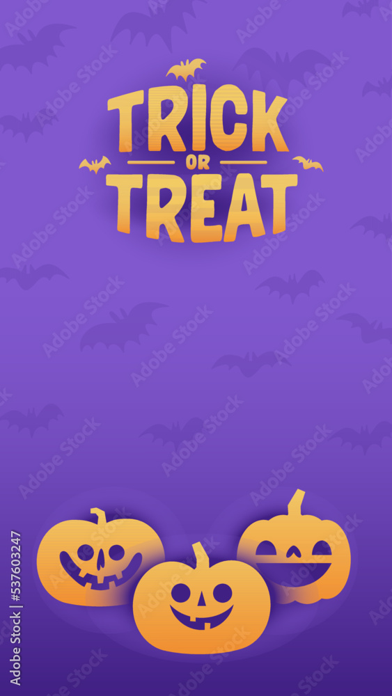 Halloween banner with copy space. Trick or treat lettering sign with bats and carved pumpkins. Cute and funny spooky style.