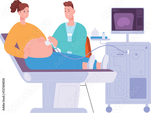 Pregnant woman on ultrasound exam. Doctor scan belly