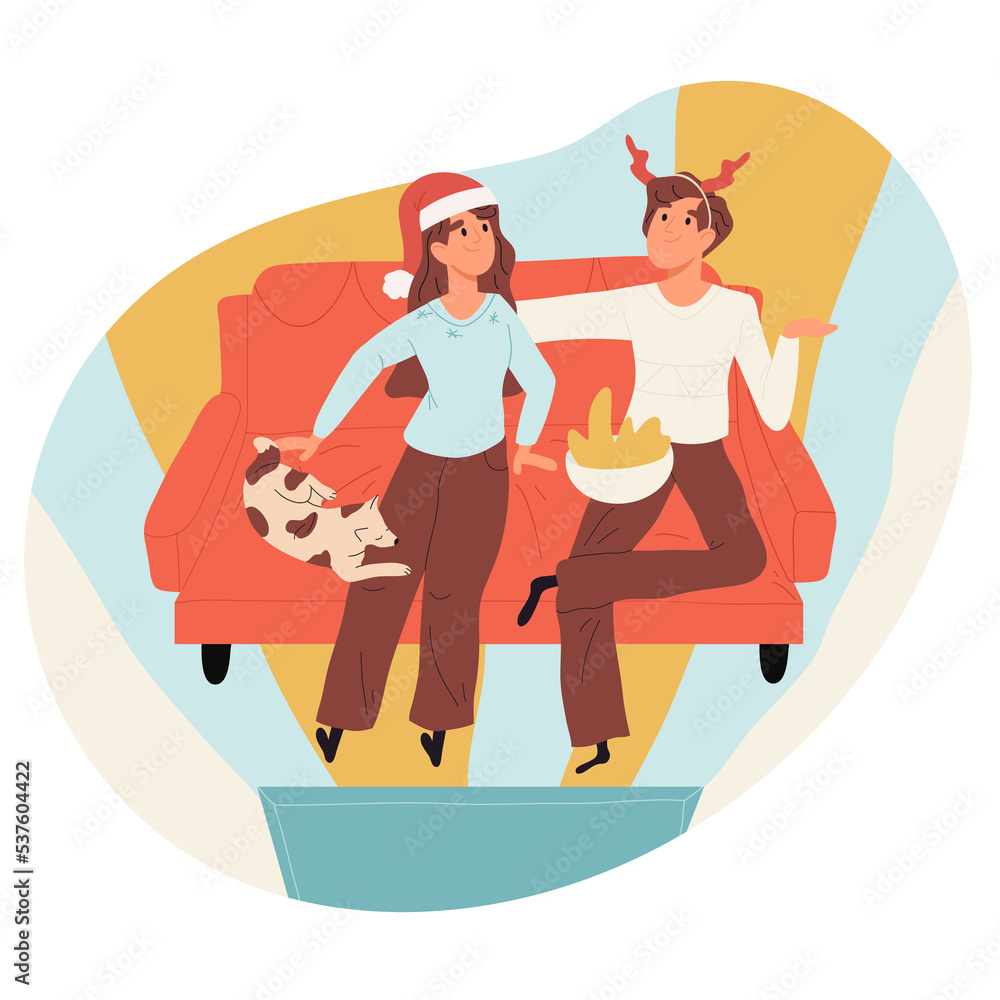 Cartoon Christmas characters spending time at home, winter holidays celebrating couple flat png illustration
