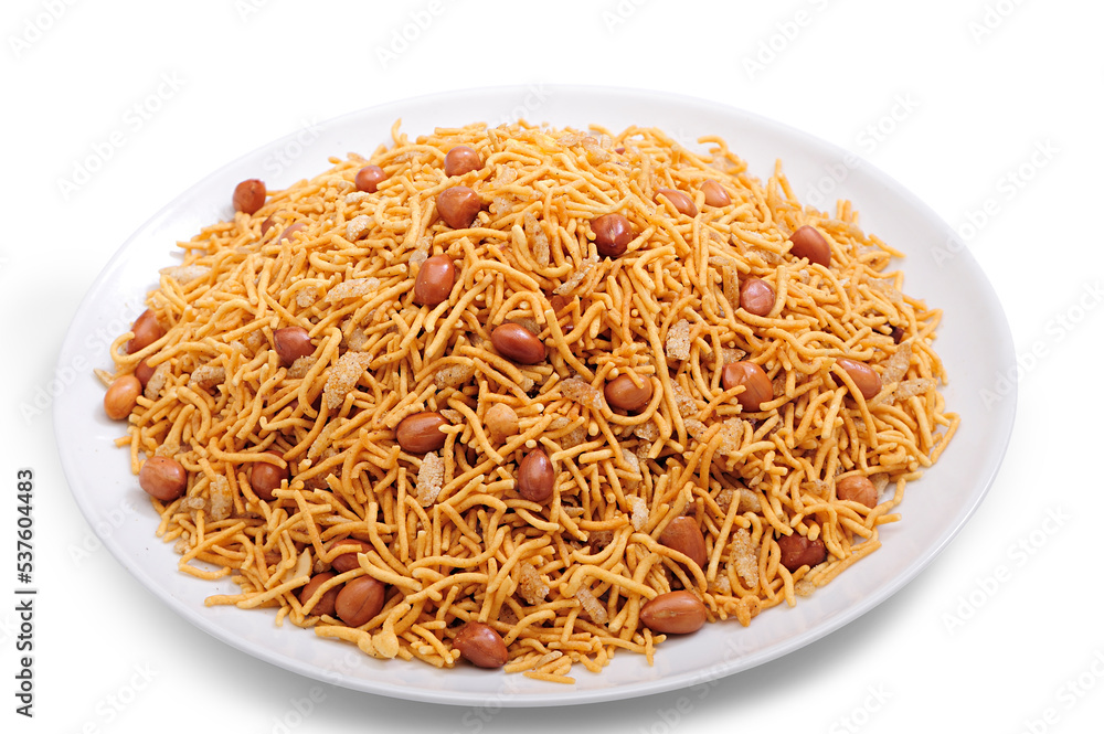Bombay mix chanachur & nut on white ceramic plate front view Bombay mix chanachur & nut on white ceramic plate front view