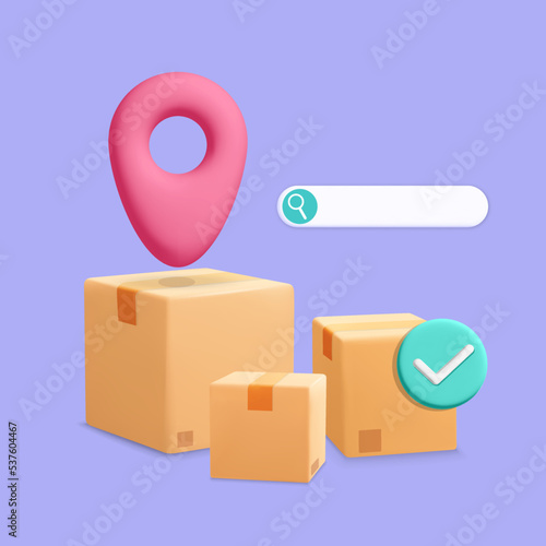 3d vector cartoon render poster for fast online delivery service.  Cardboard parcel boxes with check mark, search bar with magnifying glass and pin location symbol. Online shopping, order, tracking.