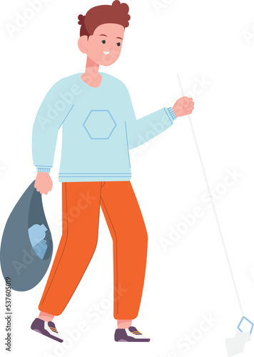 Boy carrying trash bag. Kid throwing garbage