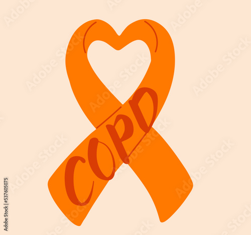 COPD chronic obstructive pulmonary disease awareness month Novermber handwritten lettering. Orange support ribbon. Web banner vector
