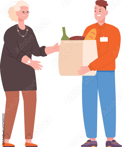 Volunteer give senior food pack. Man with groceries paper bag