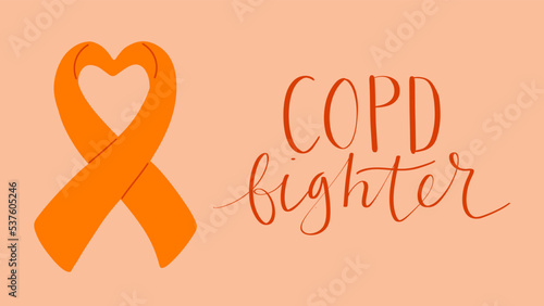 COPD chronic obstructive pulmonary disease awareness month Novermber handwritten lettering. Orange support ribbon. Web banner vector