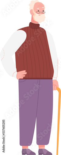 Senior with walking cane. Old man character standing