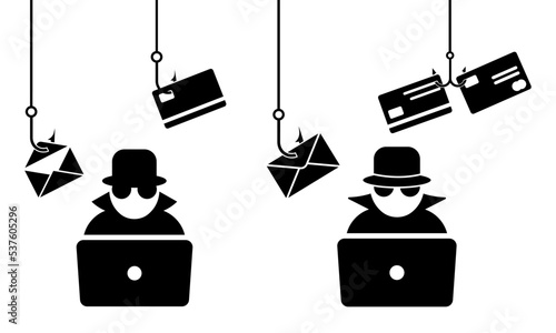 Computer hacker steal with credit card and letter. Cyber burglar with laptop. Cyber-attacks. Online hacking. Hook and personal data.