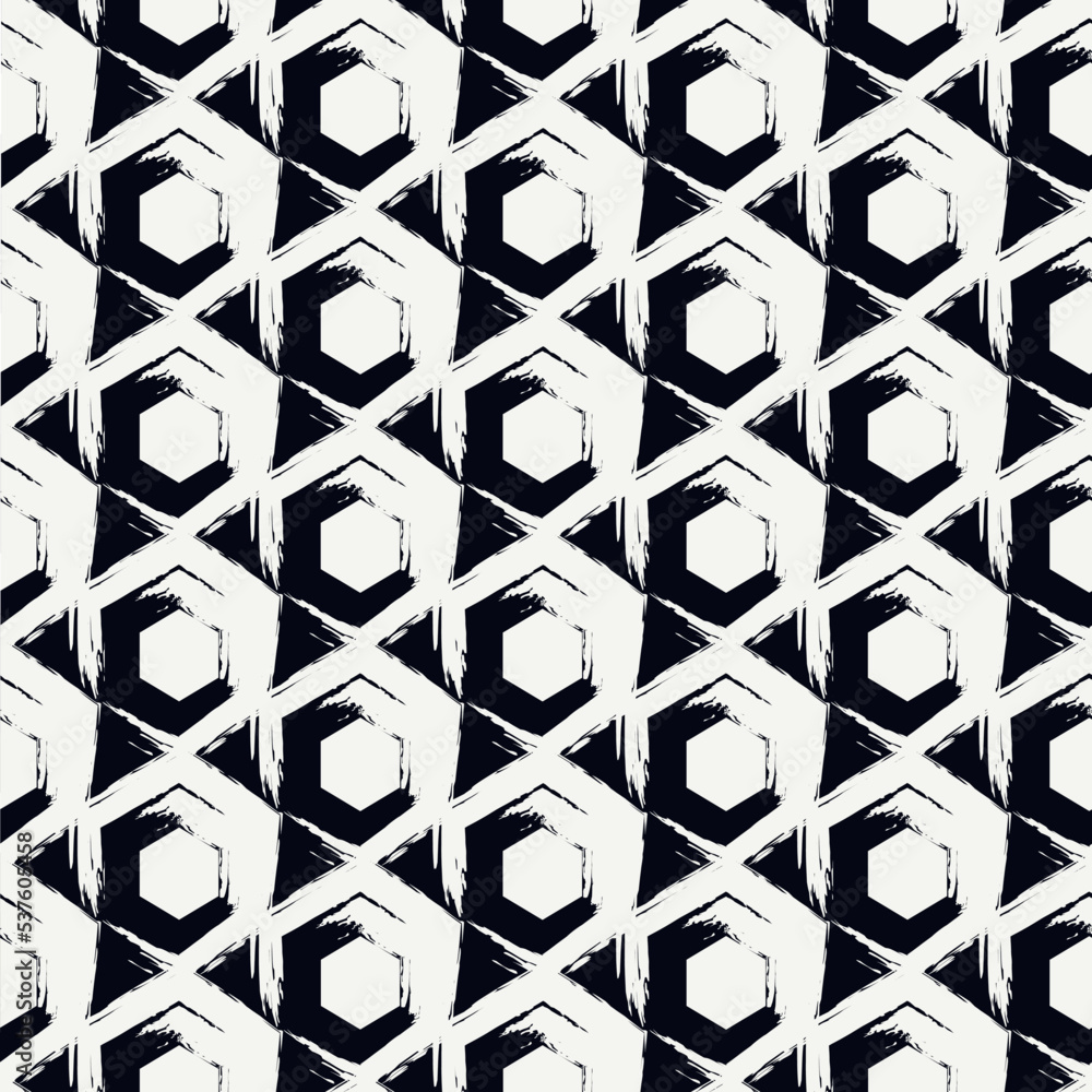 Fototapeta premium Paint brush hexagons. Hand drawn honeycombs background. Hexahedrons wallpaper. Hives motif. Geometric backdrop. Ethnic digital paper. Web designing. Textile print. Seamless pattern.