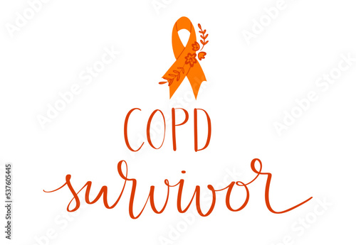 COPD chronic obstructive pulmonary disease awareness month Novermber handwritten lettering. Orange support ribbon. Web banner vector
