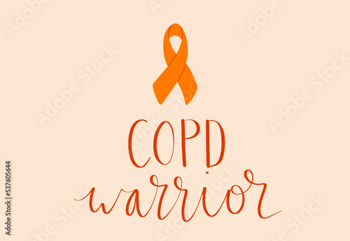 COPD chronic obstructive pulmonary disease awareness month Novermber handwritten lettering. Orange support ribbon. Web banner vector