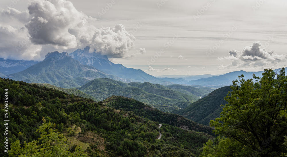 magnificent view of cloud topped Spanish Pyrenees mountains
