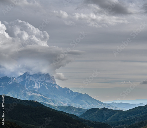 magnificent view of cloud topped Spanish Pyrenees mountains