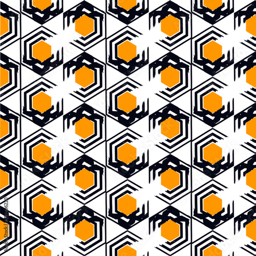 Paint brush hexagons. Hand drawn honeycombs background. Hexahedrons wallpaper. Hives motif. Geometric backdrop. Ethnic digital paper. Web designing. Textile print. Seamless pattern.