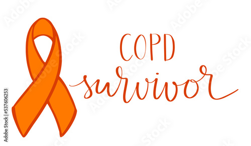 COPD chronic obstructive pulmonary disease awareness month Novermber handwritten lettering. Orange support ribbon. Web banner vector